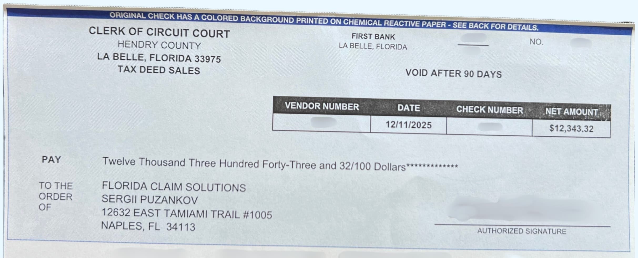 Real surplus funds check recovered from a Florida county for a client