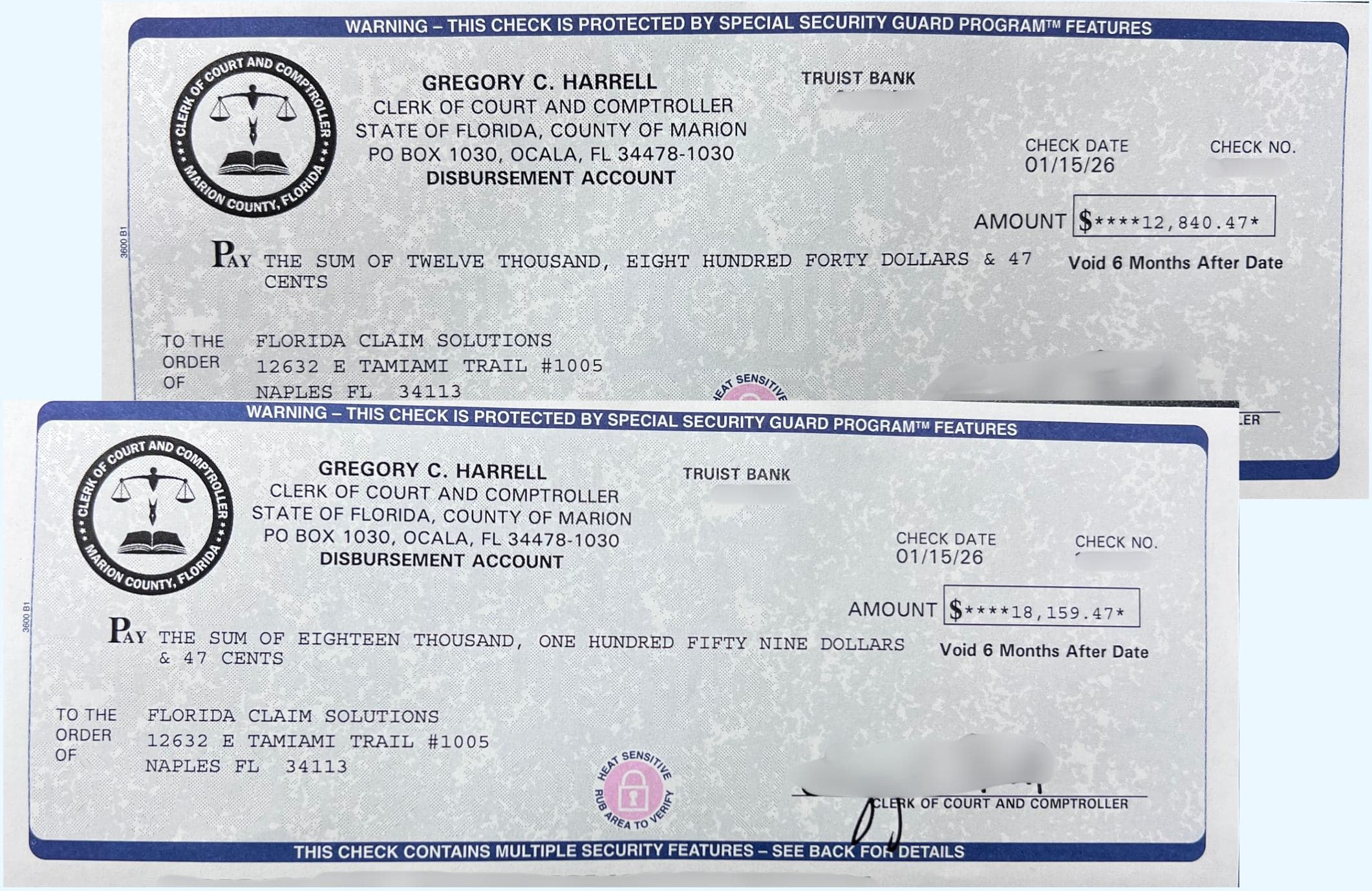 Florida county surplus funds check recovered for a client after tax deed sale
