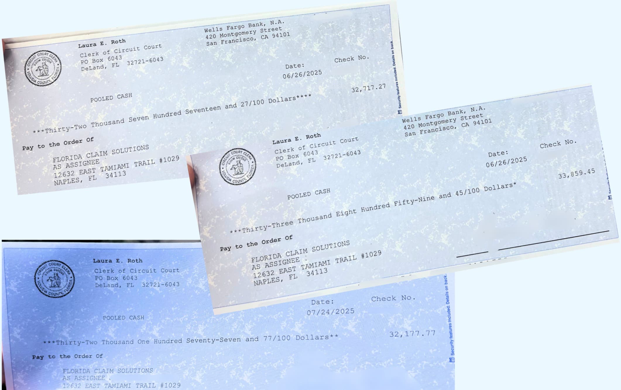 Surplus funds check issued by a Florida county after successful recovery for a former property owner