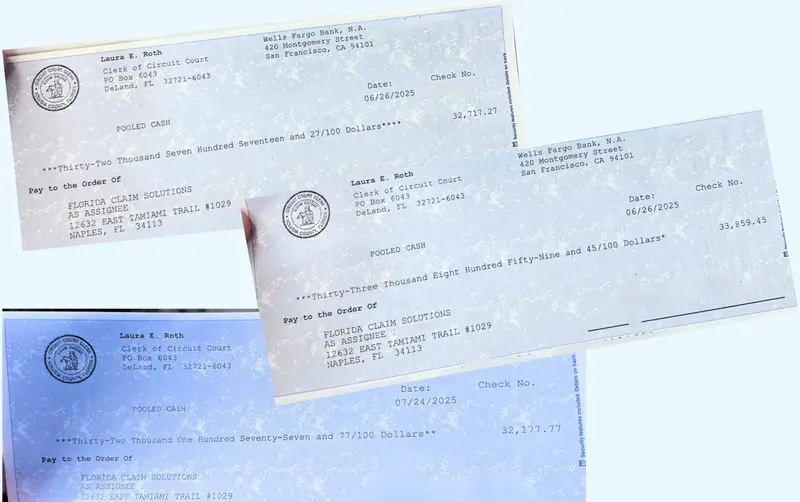 Surplus funds check issued by a Florida county after successful recovery for a former property owner